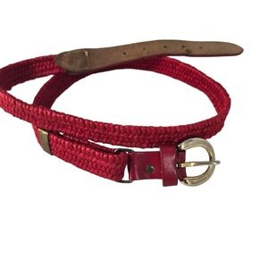 Vintage Red Woven Braided Skinny Belt Gold Horseshoe Buckle Adjustable Cinch